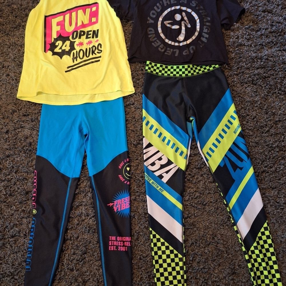 Zumba Fitness Neon Yellow, Blue & Black Dance Legging Set